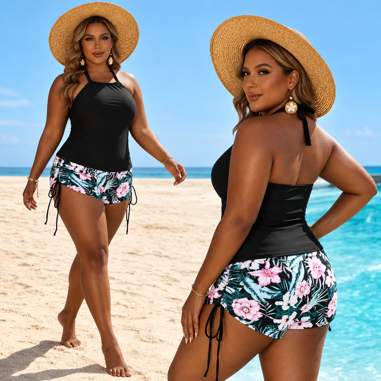 Zanzibar 2-piece swimsuit with black halter top and floral swim shorts