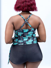 floral two piece swimsuit for women with black swim shorts and turquoise floral print