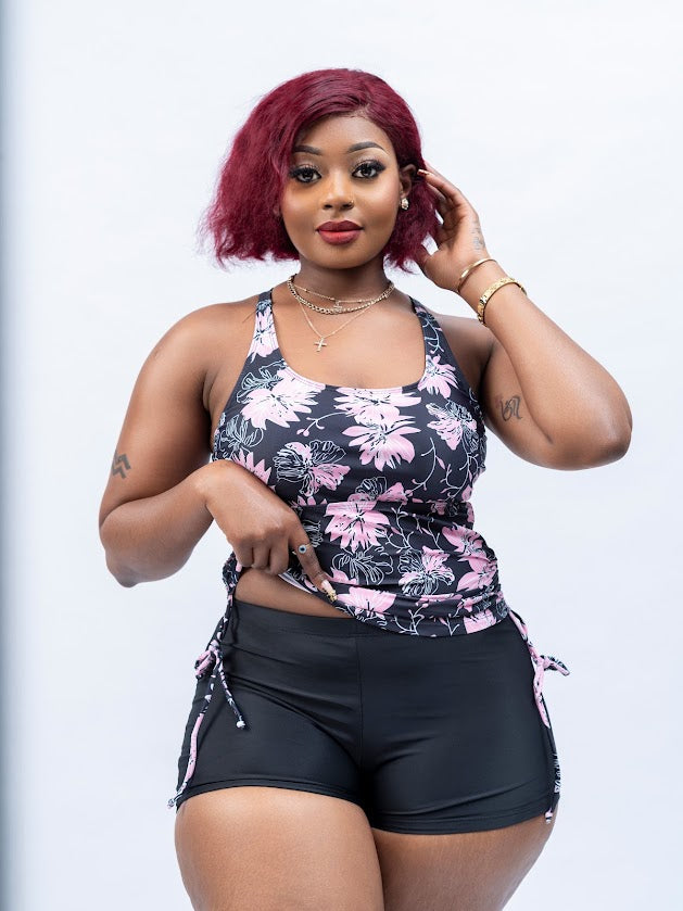 Kilifi Pink Blossom floral two piece swimsuit with black swim shorts for women