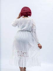 White sheer swimwear cover up with long sleeves and tassel tie