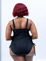 Mombasa black one piece swimsuit for women with gold buckle and adjustable side ties
