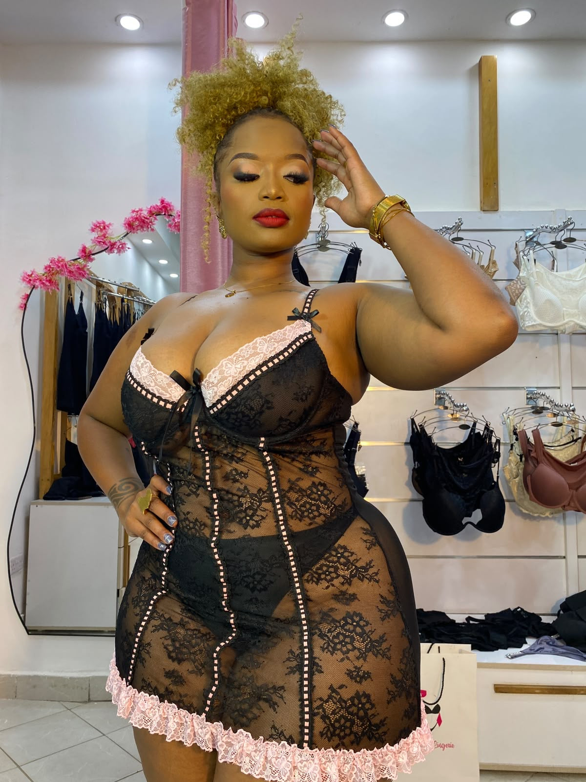 Black Lace Babydoll Set