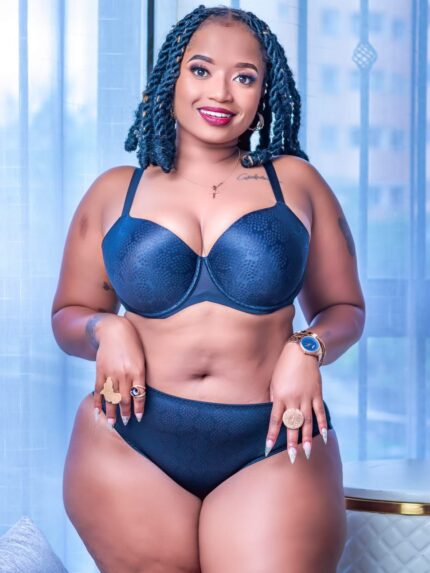 Zuri Midnight Curves navy blue full coverage bra and panty lingerie set for curvy African women in Kenya featuring supportive underwire bra and high-waist panty.
